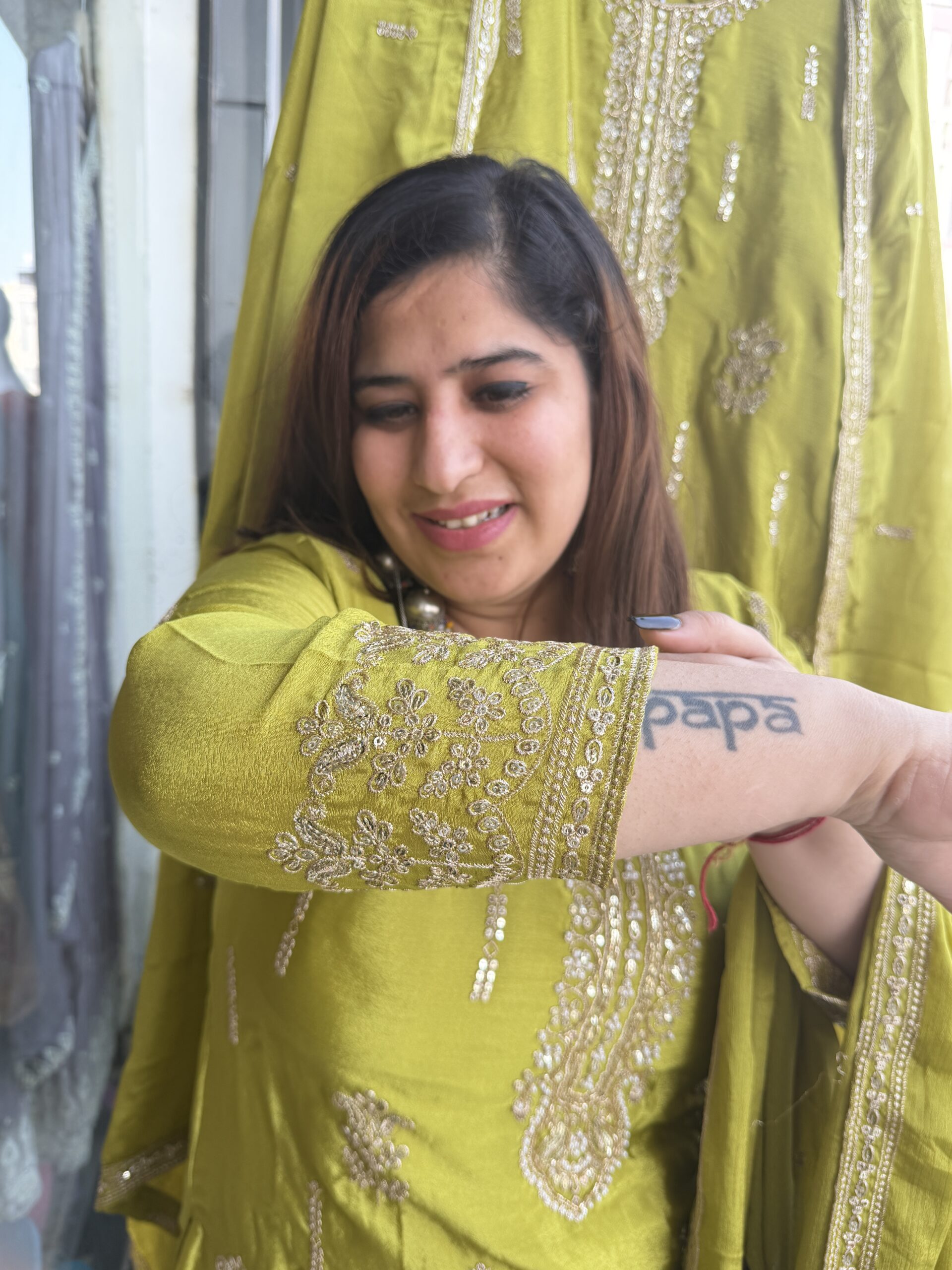 Mehndi Green Colour Pure Chinoon Skert Kurti Suit With Dottam And Dupatta(44) - Image 2