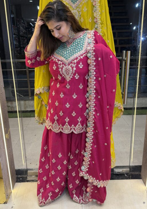 Pure Chinoon Silk Heavy Embroidery Print Rani Pink Colour Punjabi Sharara Suit (45)