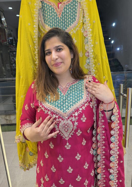 Pure Chinoon Silk Heavy Embroidery Print Rani Pink Colour Punjabi Sharara Suit (45)