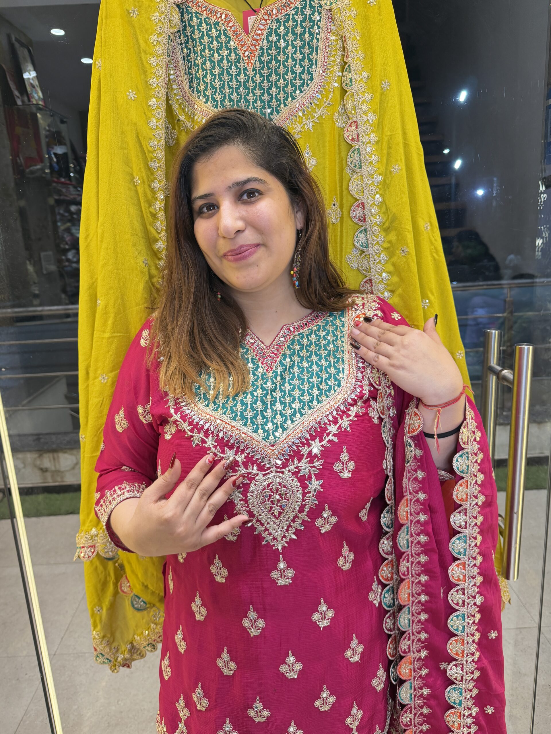 Pure Chinoon Silk Heavy Embroidery Print Rani Pink Colour Punjabi Sharara Suit (45) - Image 1