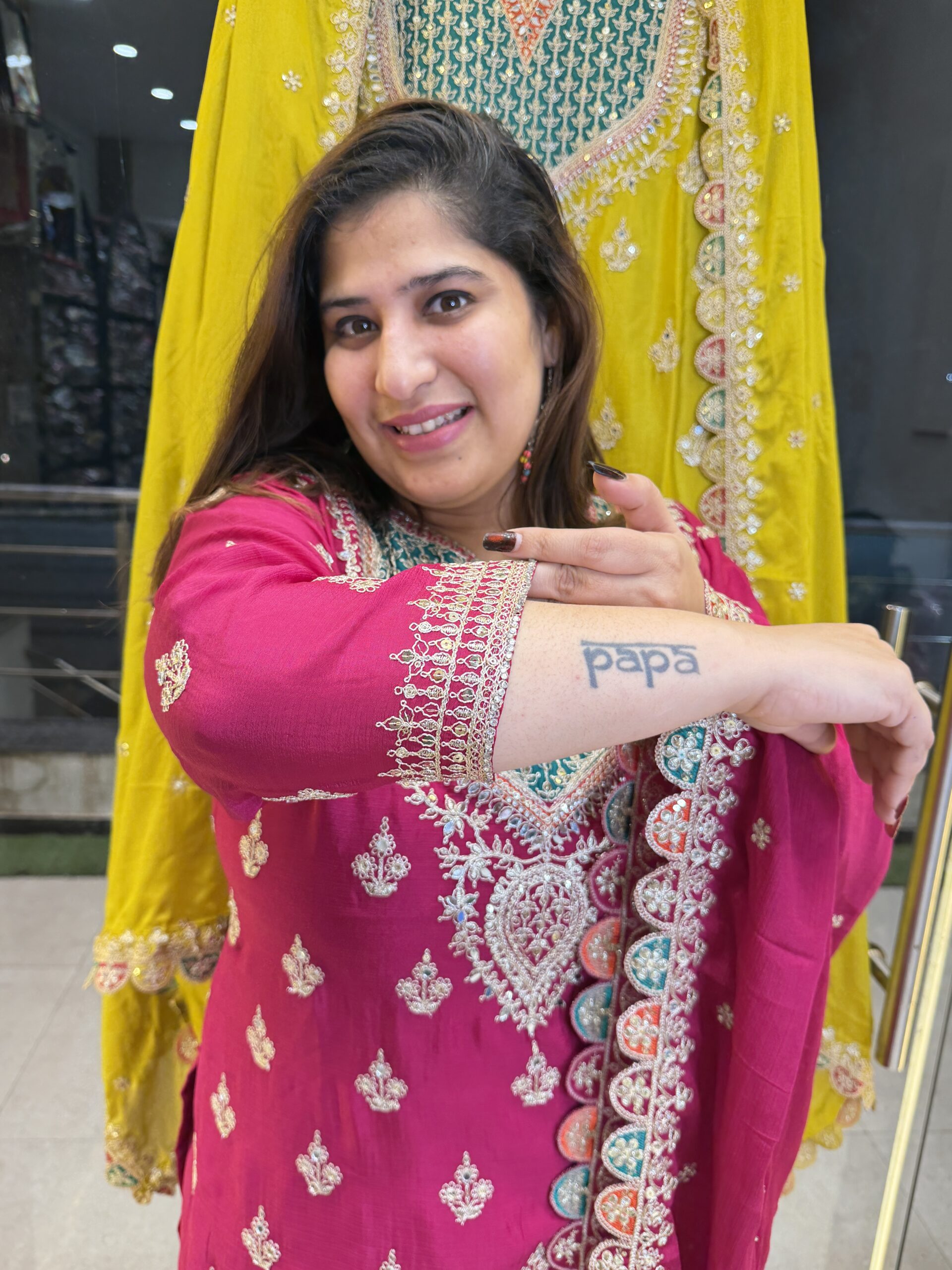 Pure Chinoon Silk Heavy Embroidery Print Rani Pink Colour Punjabi Sharara Suit (45) - Image 3