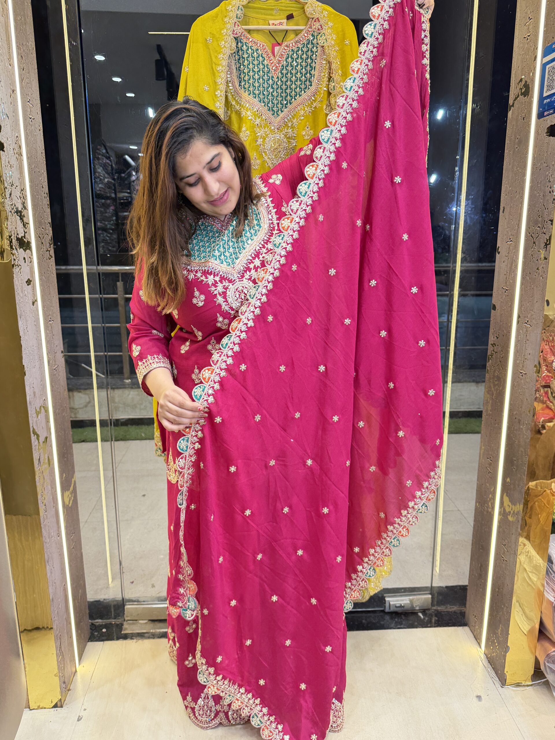 Pure Chinoon Silk Heavy Embroidery Print Rani Pink Colour Punjabi Sharara Suit (45) - Image 2