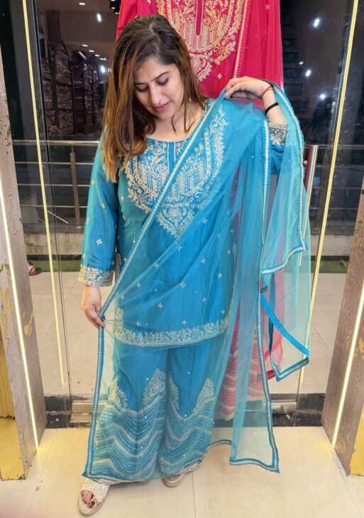 Pure Chinoon Silk Heavy Embroidery Print Teal Blue Colour Punjabi Sharara Suit (46)