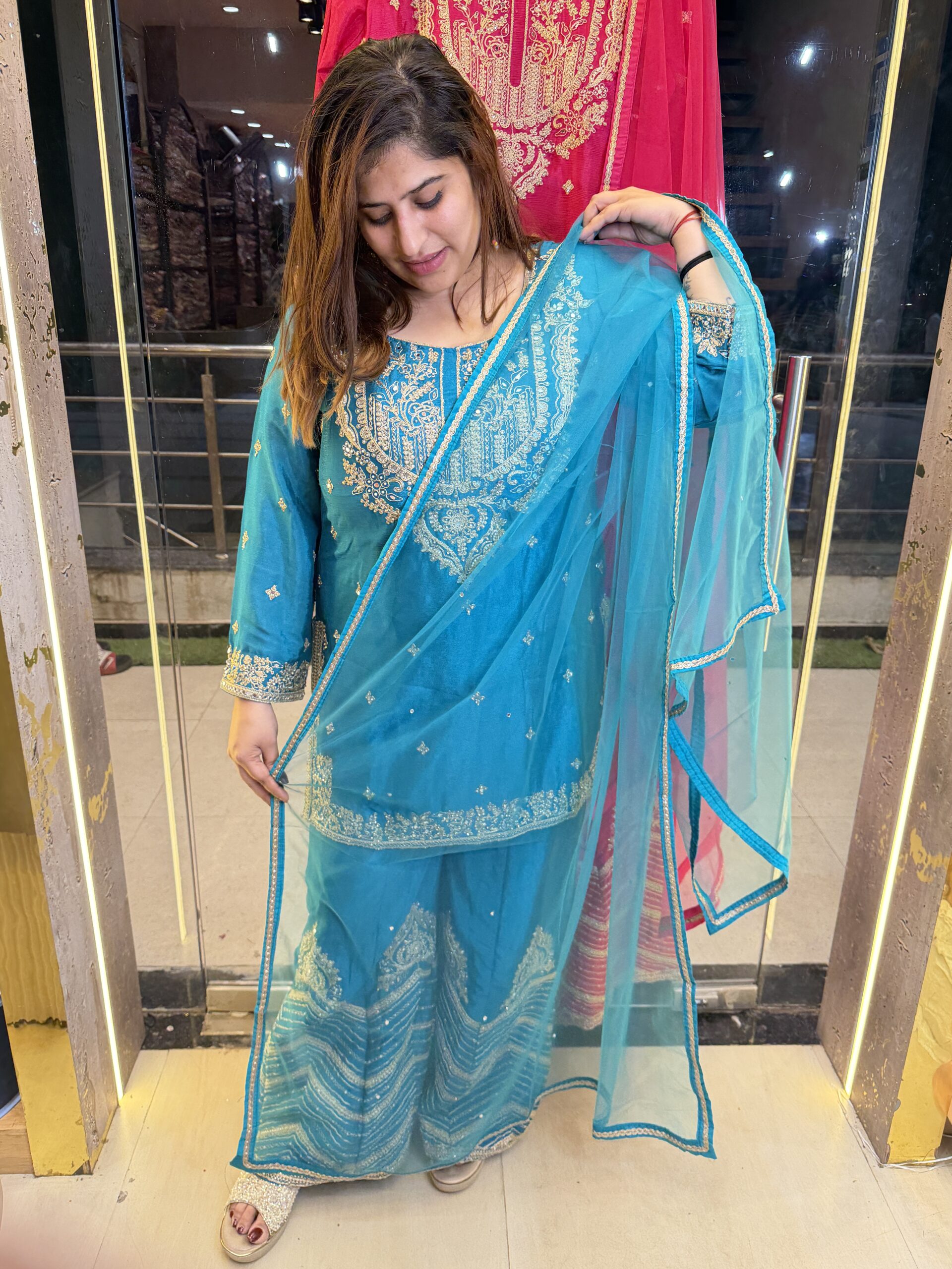 Pure Chinoon Silk Heavy Embroidery Print Teal Blue Colour Punjabi Sharara Suit (46)