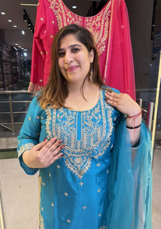 Pure Chinoon Silk Heavy Embroidery Print Teal Blue Colour Punjabi Sharara Suit (46)
