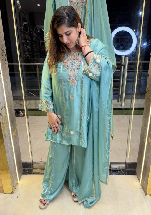 Pure Soft Chinoon Heavy Embroidery Print Sea-Green Colour Punjabi Sharara Suit (47)