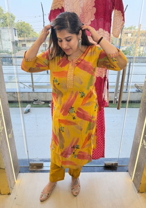Pure Cotton Printed Musterd Yellow Kurti Paints Set 2Piece (55)
