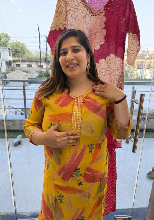 Pure Cotton Printed Musterd Yellow Kurti Paints Set 2Piece (55)