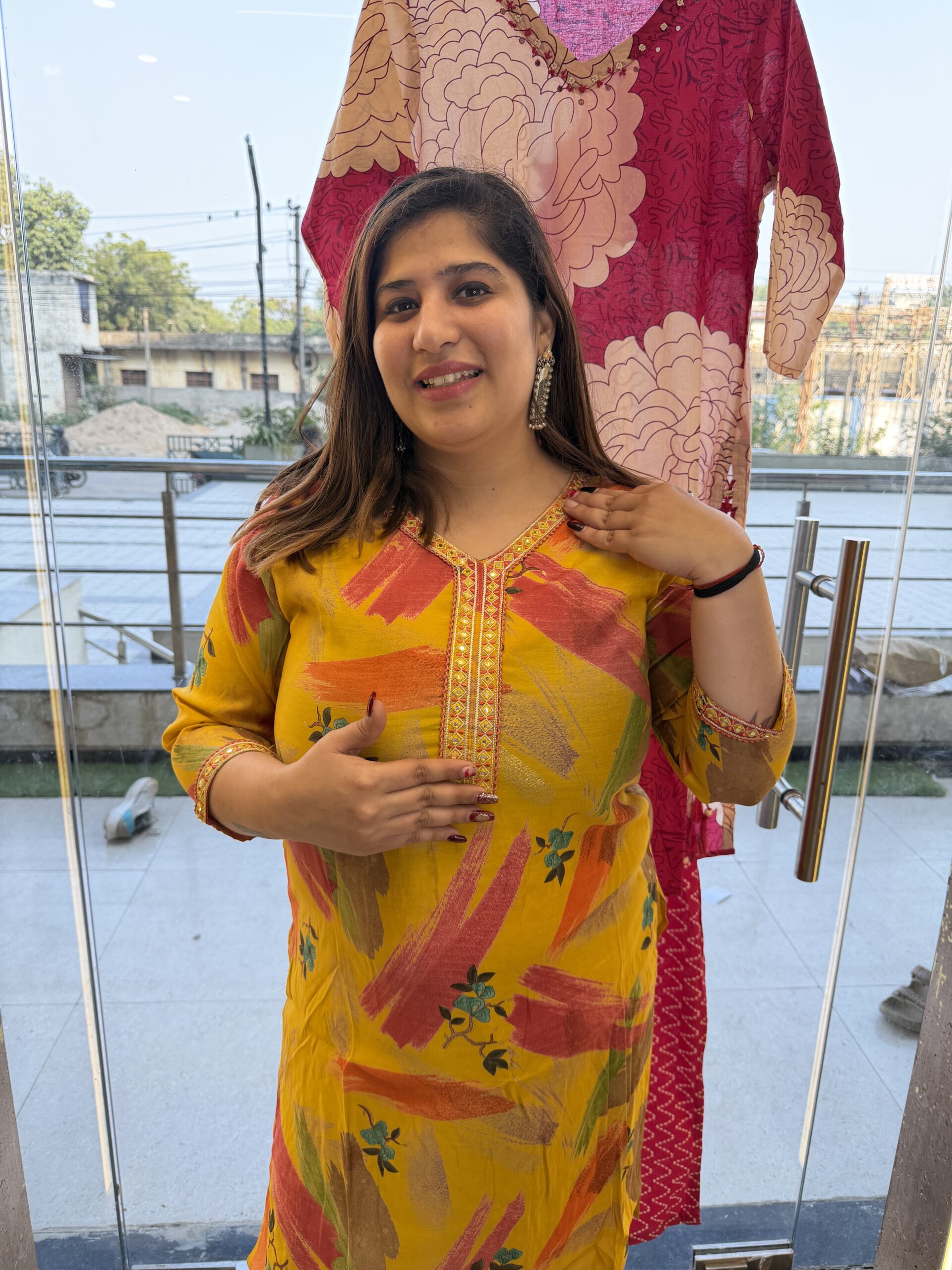 Pure Cotton Printed Musterd Yellow Kurti Paints Set 2Piece (55)