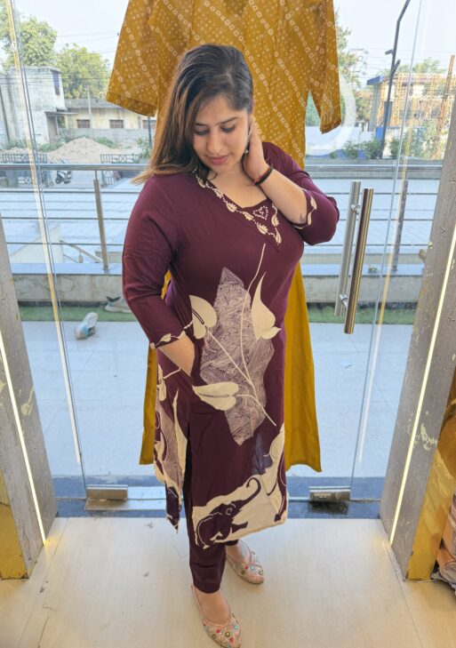 Pure Cotton Preamium Wine Colour Kurti Paints Set 2Piece (56)
