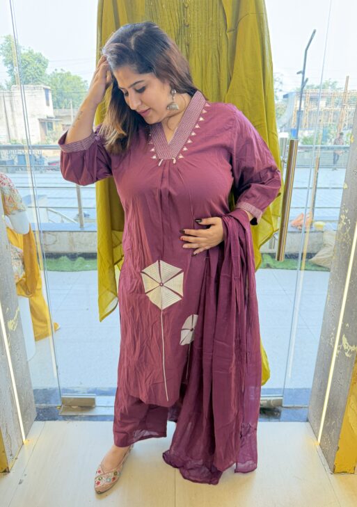 Pure Cotton Purple Colour Kurti Paints Set 3Piece (71)