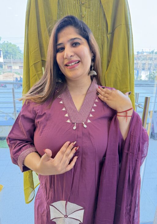 Pure Cotton Purple Colour Kurti Paints Set 3Piece (71)