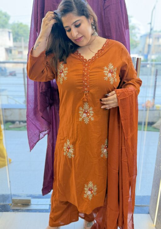 Pure Cotton Rust Kurti Paints Set 3Piece (74)