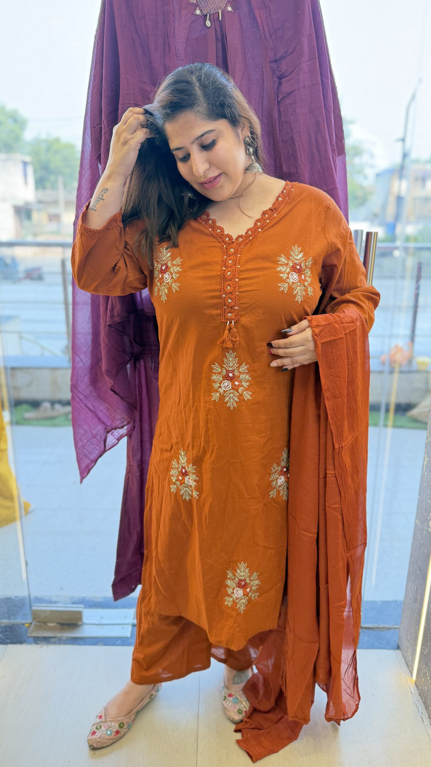 Pure Cotton Rust Kurti Paints Set 3Piece (74)