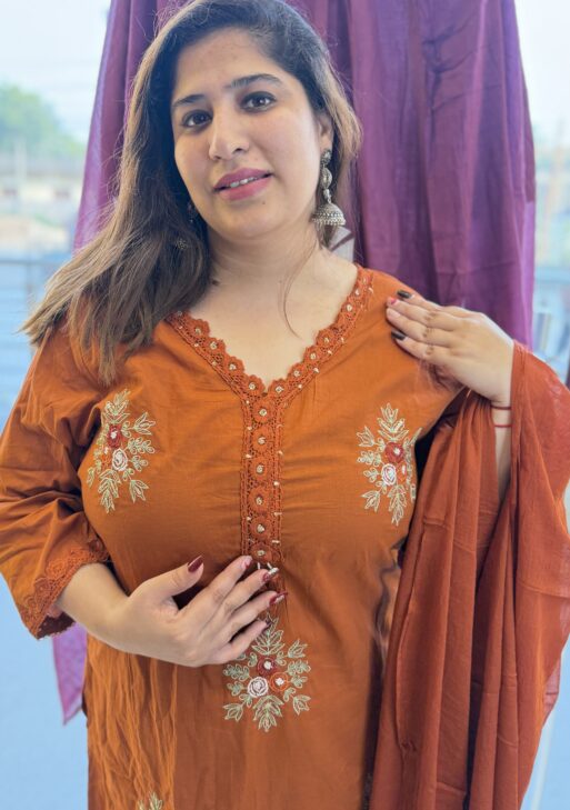 Pure Cotton Rust Kurti Paints Set 3Piece (74)