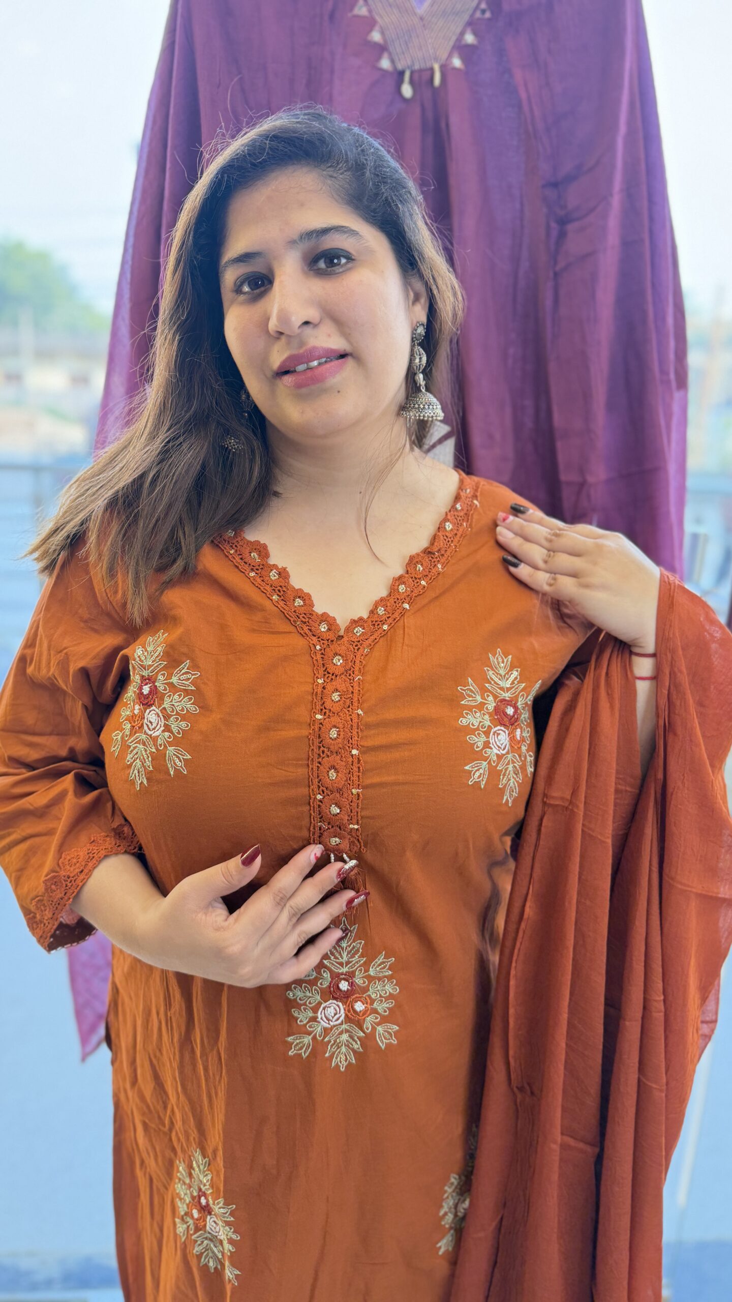 Pure Cotton Rust Kurti Paints Set 3Piece (74)