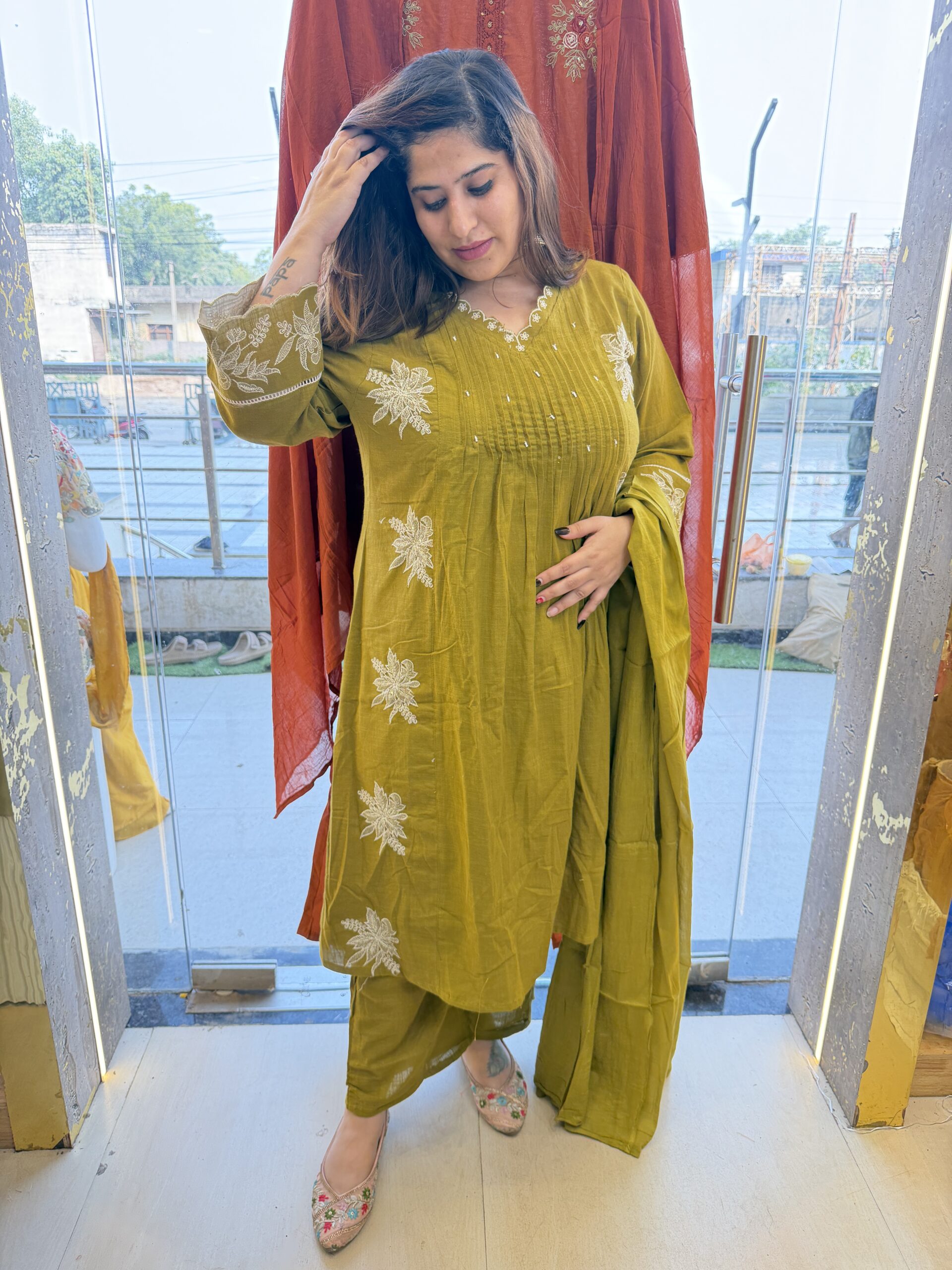 Pure Cotton Oliv Green Kurti Paints Set 3Piece (76)