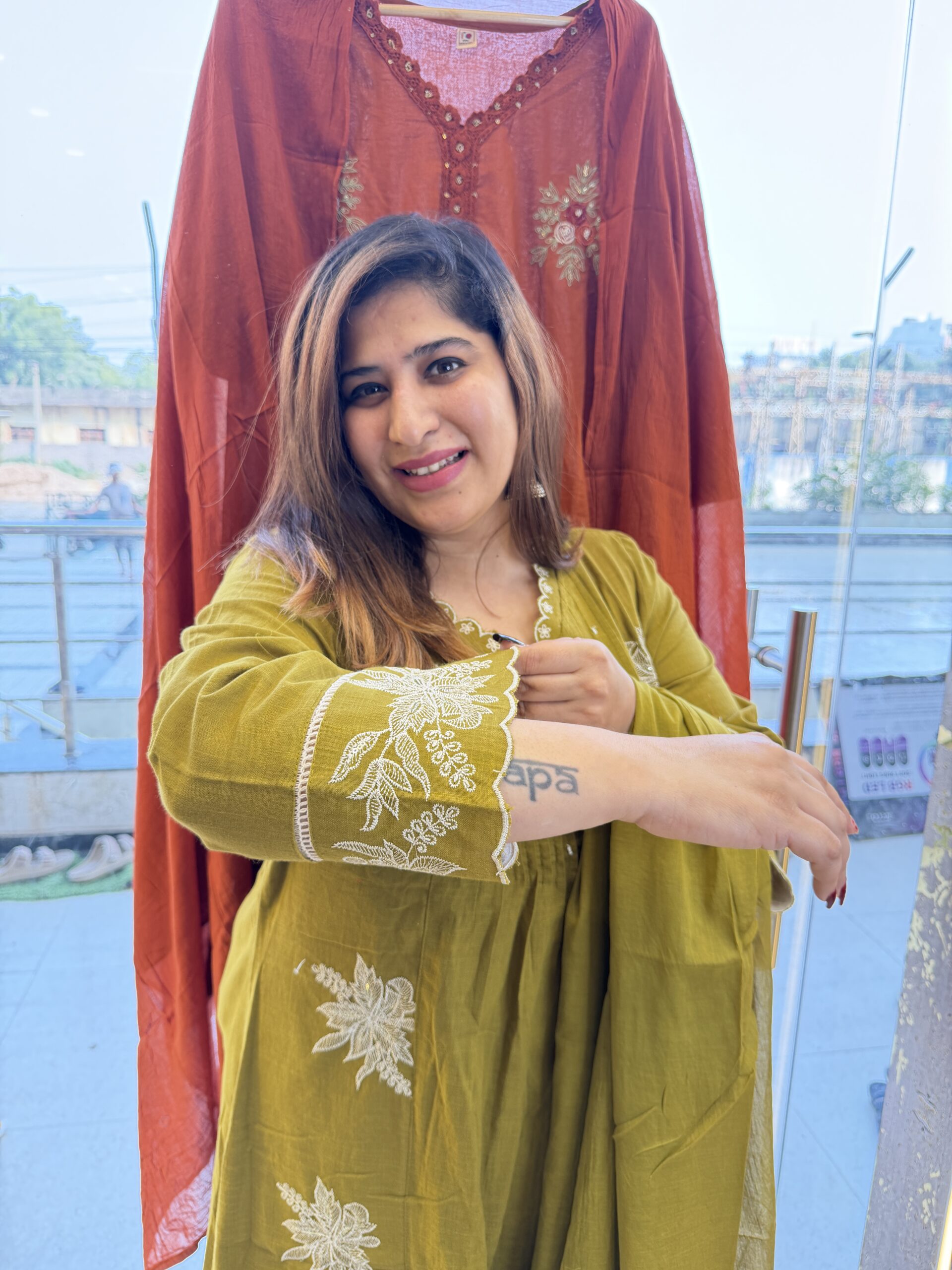 Pure Cotton Oliv Green Kurti Paints Set 3Piece (76) - Image 2