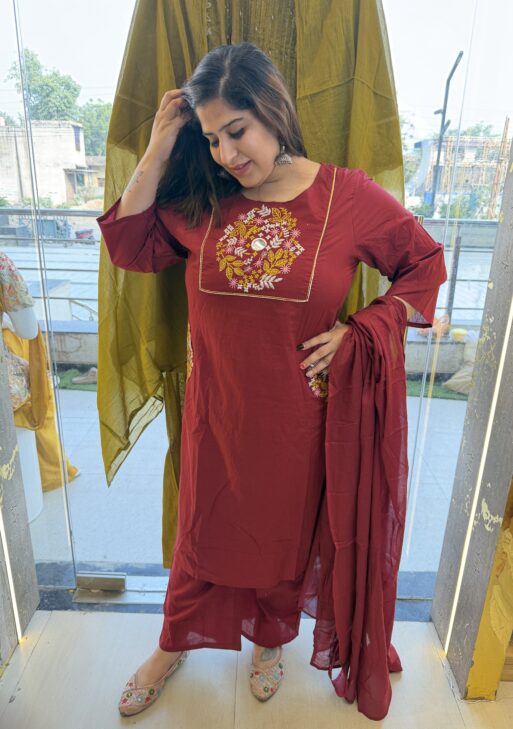 Pure Cotton Mehroon Kurti Paints Set 3Piece (75)