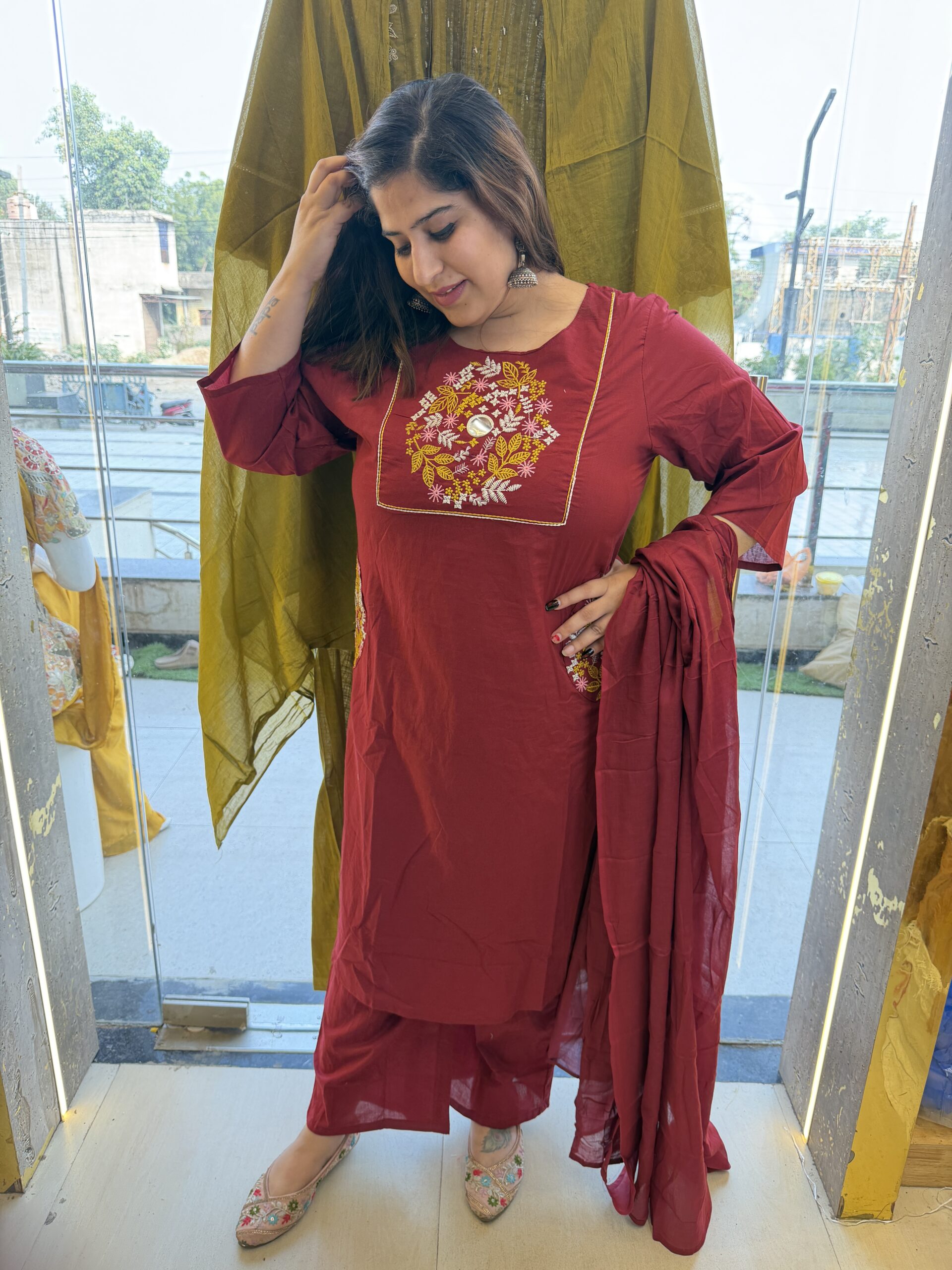 Pure Cotton Mehroon Kurti Paints Set 3Piece (75)