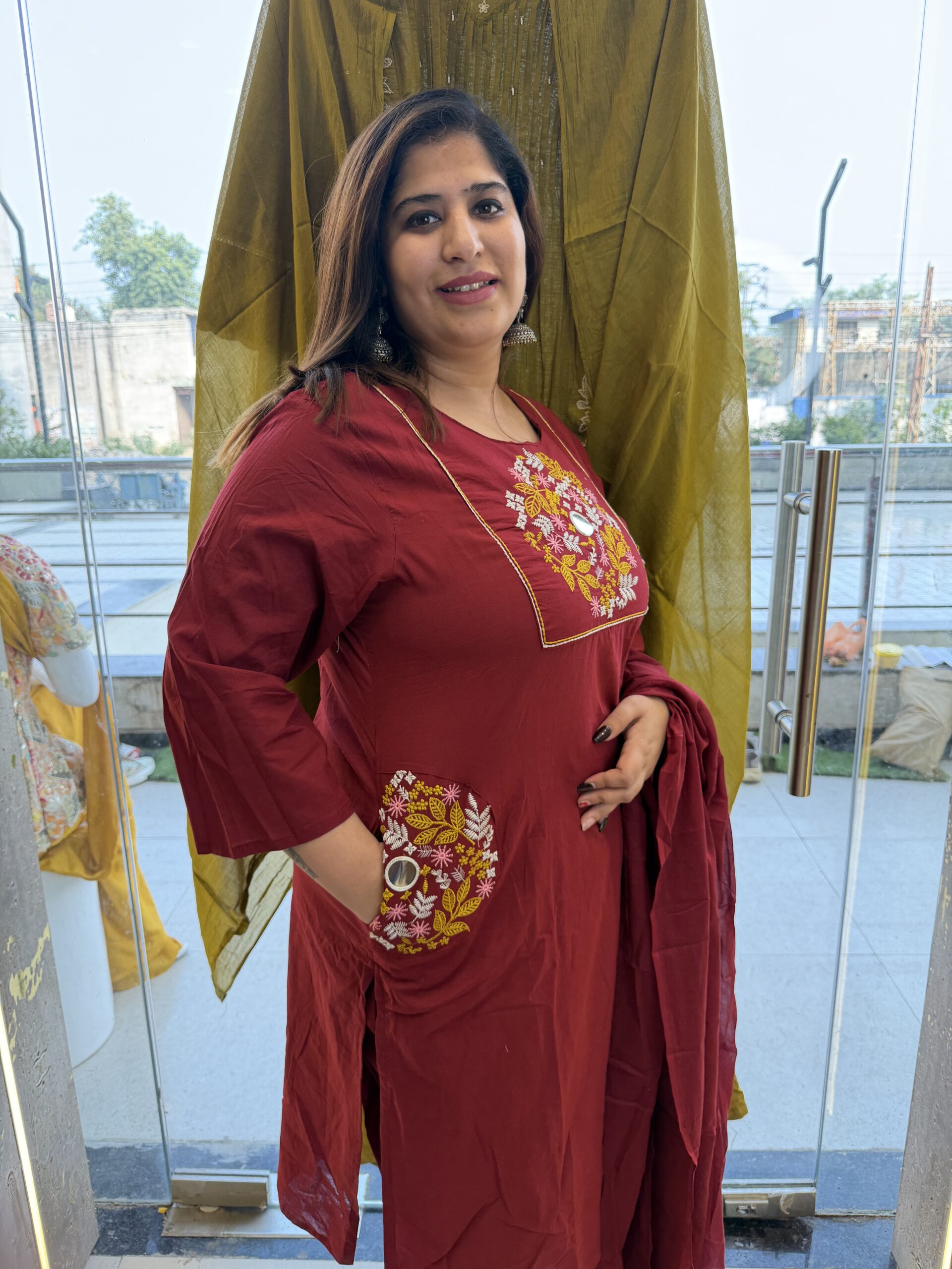 Pure Cotton Mehroon Kurti Paints Set 3Piece (75)