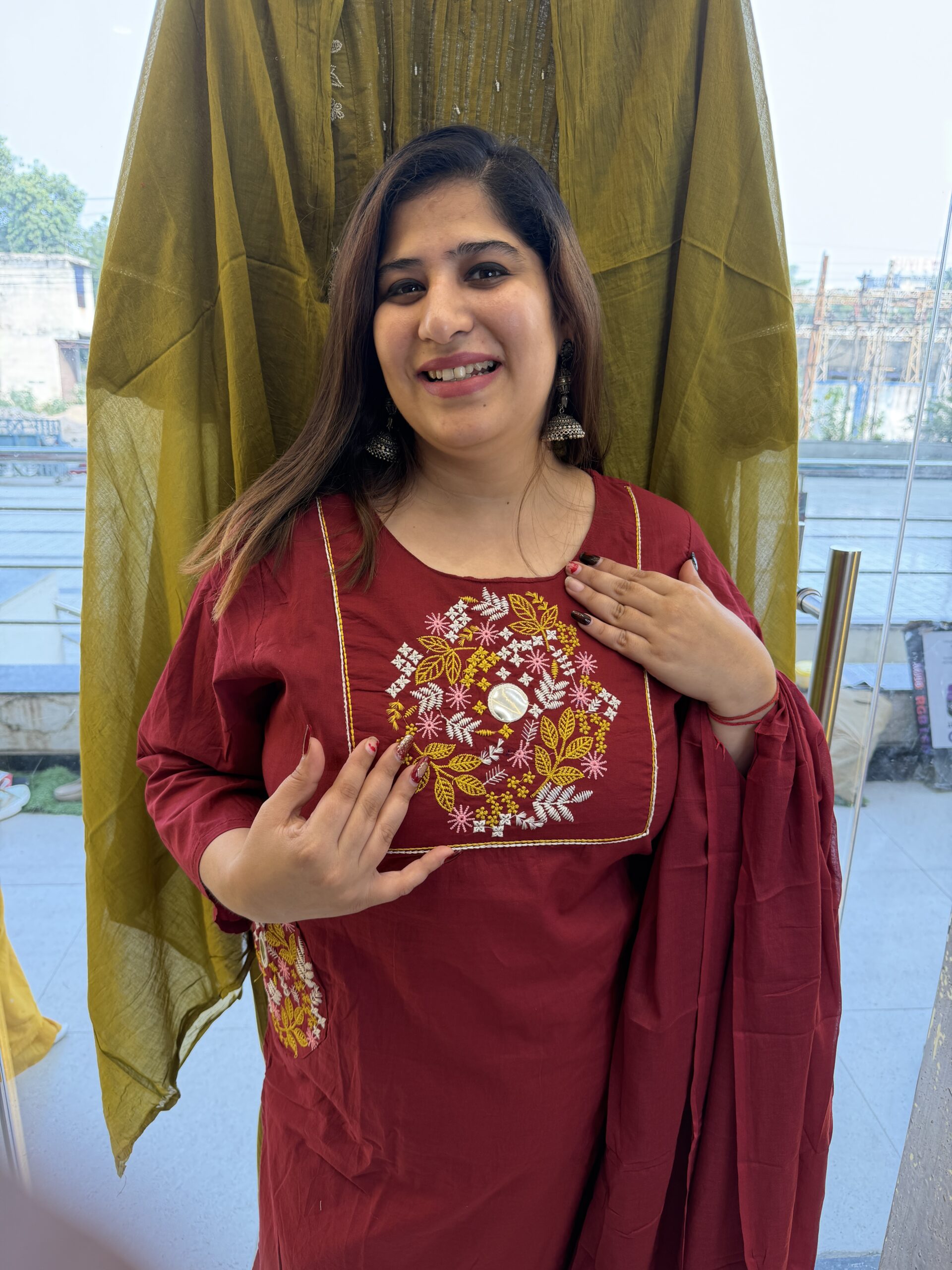 Pure Cotton Mehroon Kurti Paints Set 3Piece (75) - Image 2