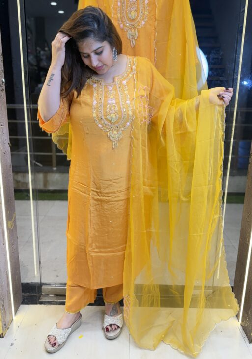 Yellow Colour Pure Crap Hand Work Kurti Set (26)