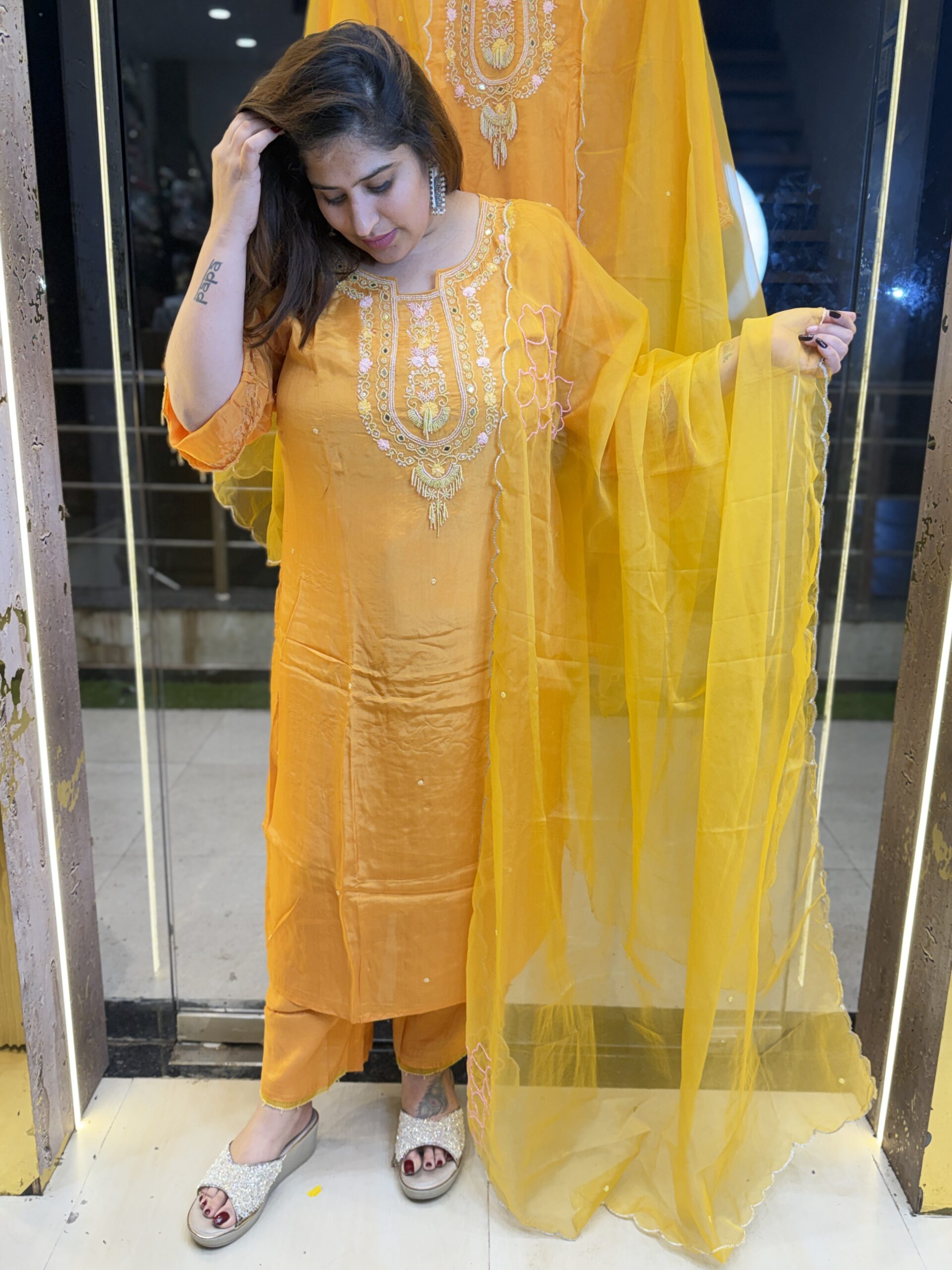 Yellow Colour Pure Crap Hand Work Kurti Set (26)