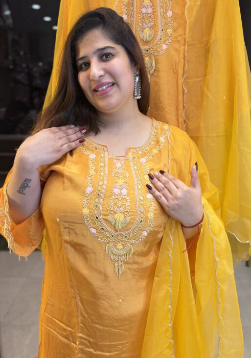 Yellow Colour Pure Crap Hand Work Kurti Set (26)