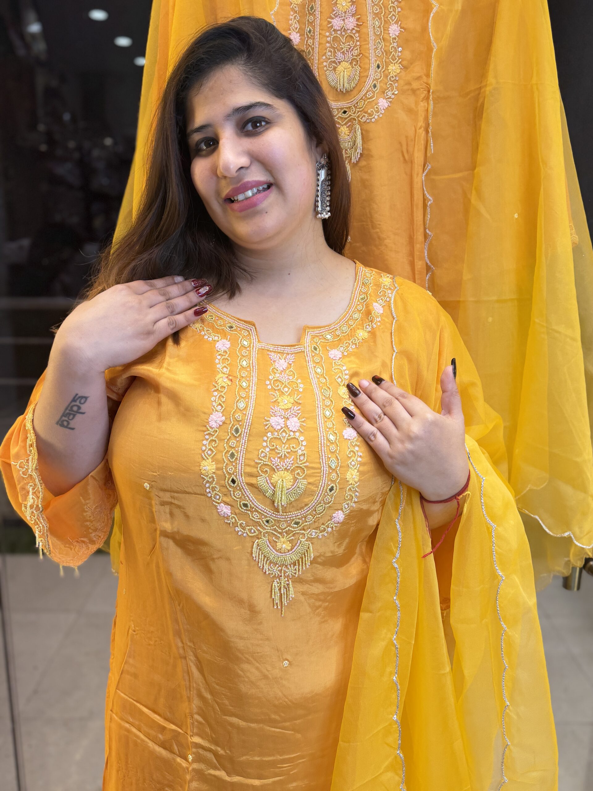 Yellow Colour Pure Crap Hand Work Kurti Set (26)