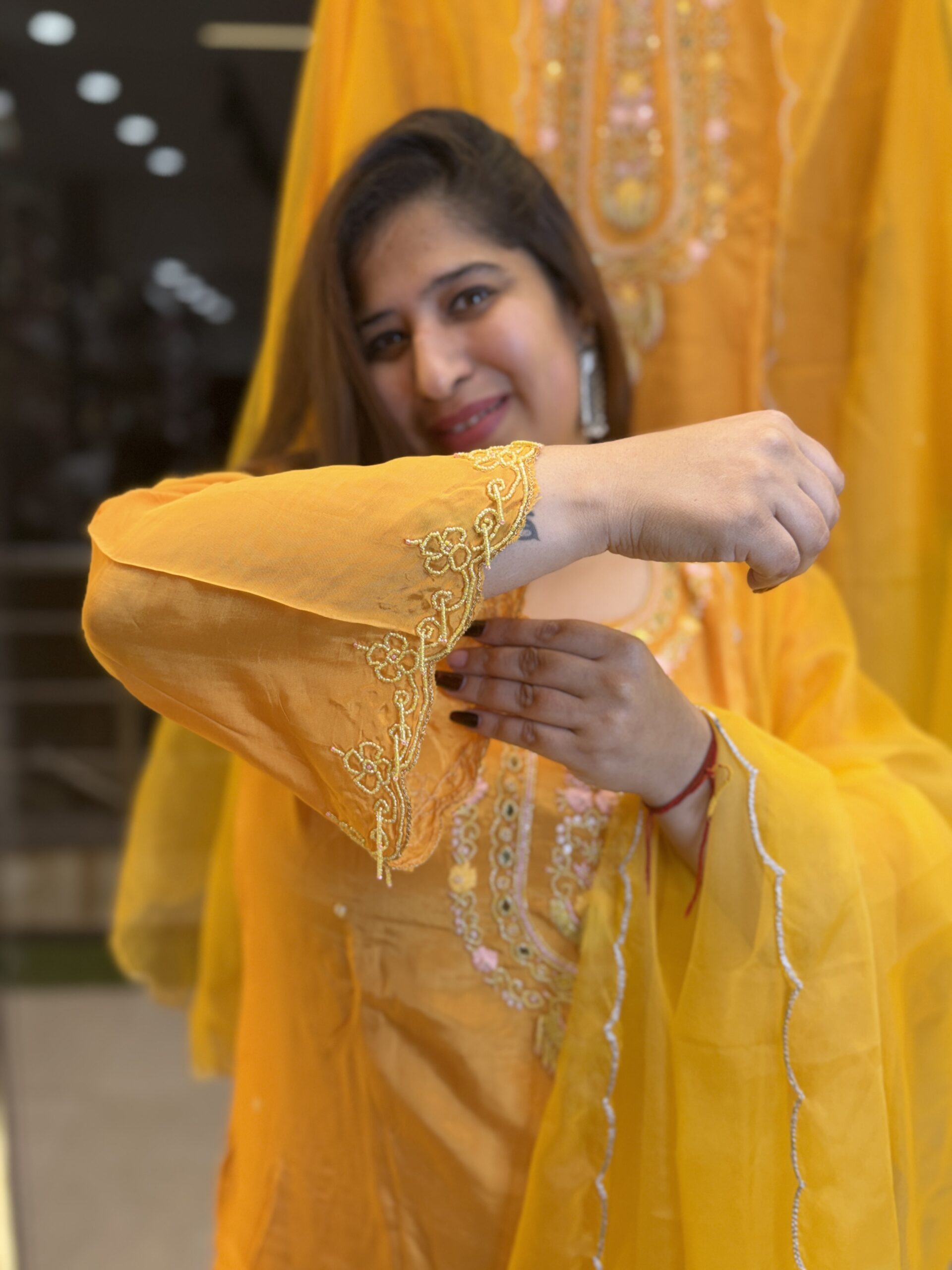 Yellow Colour Pure Crap Hand Work Kurti Set (26) - Image 2