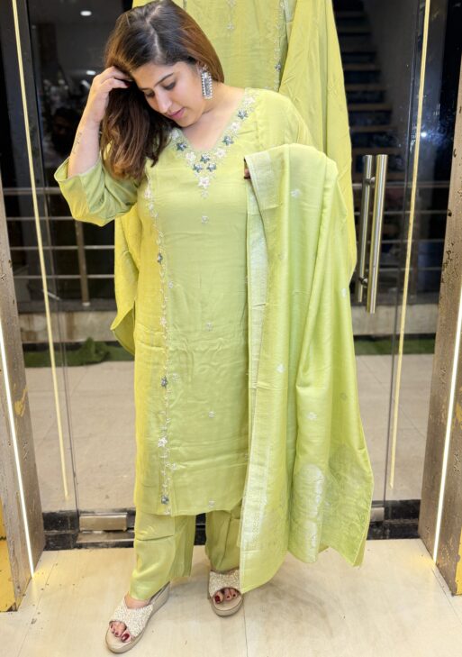 Pista Green Pure Crap Hand Work Kurti Set With Dupata Paints (28)