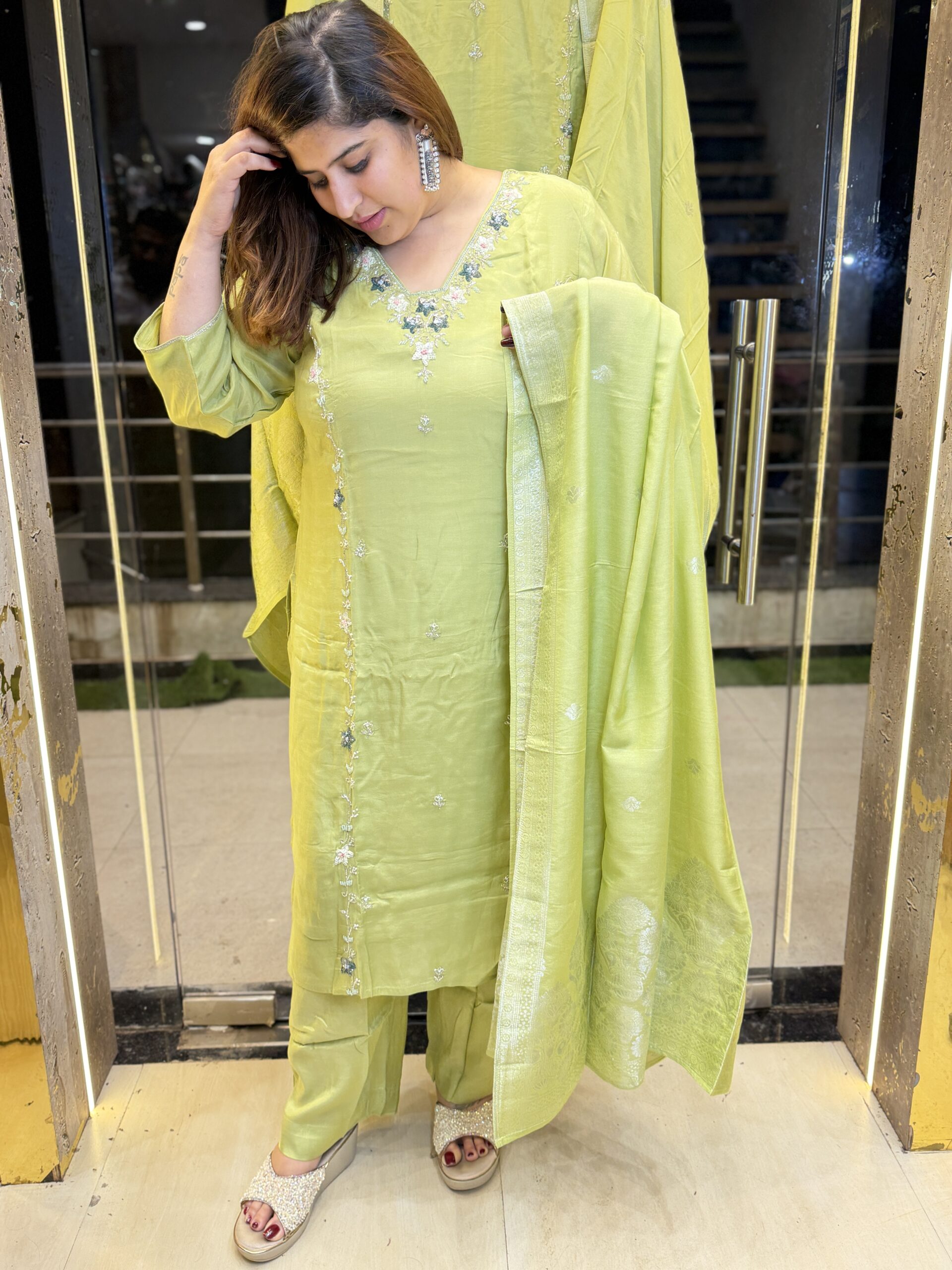 Pista Green Pure Crap Hand Work Kurti Set With Dupata Paints (28)