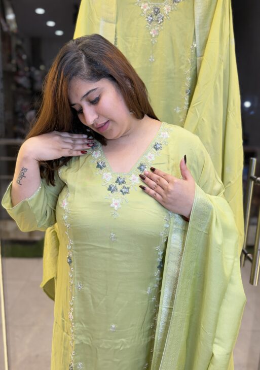 Pista Green Pure Crap Hand Work Kurti Set With Dupata Paints (28)