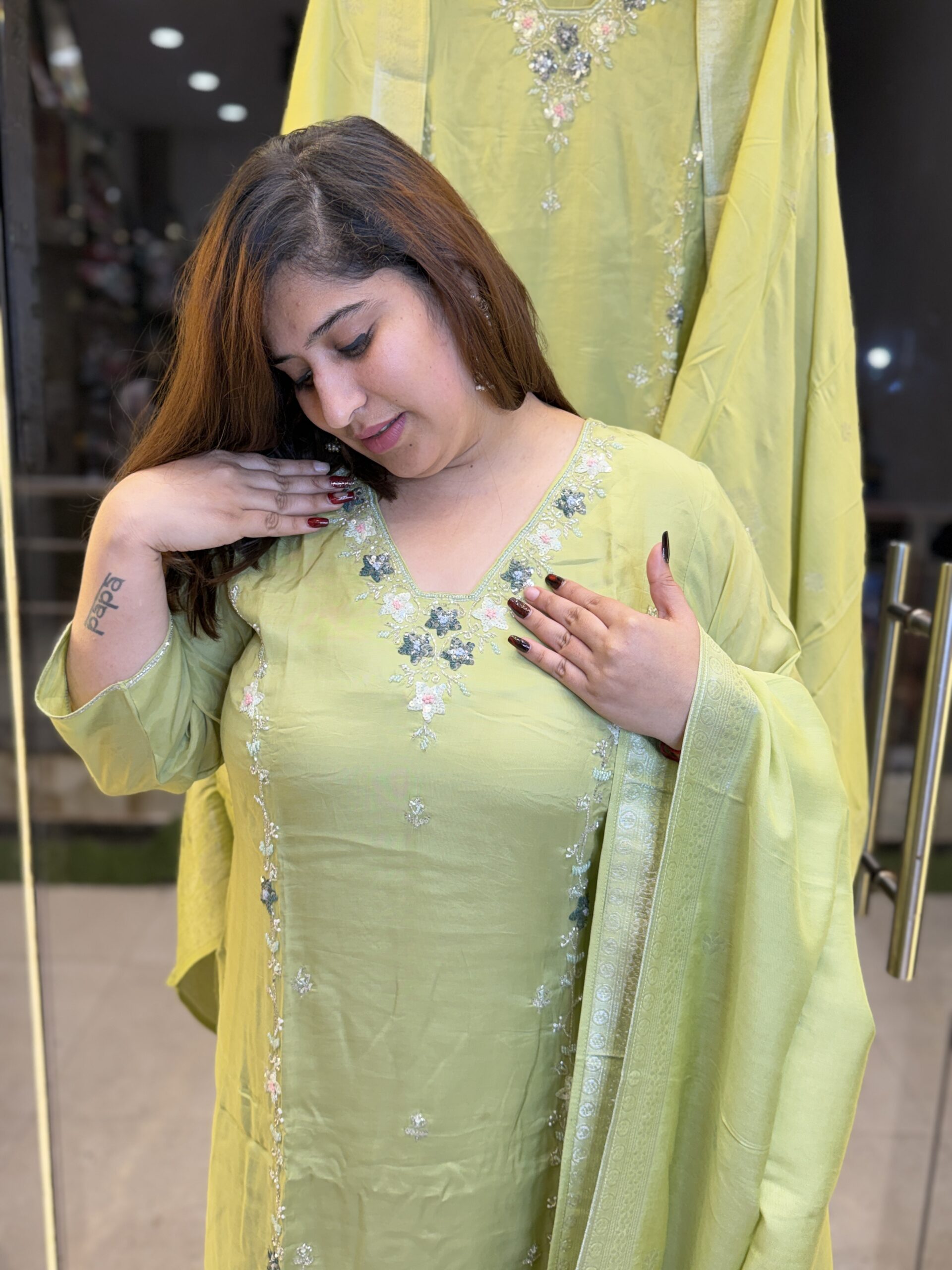 Pista Green Pure Crap Hand Work Kurti Set With Dupata Paints (28)