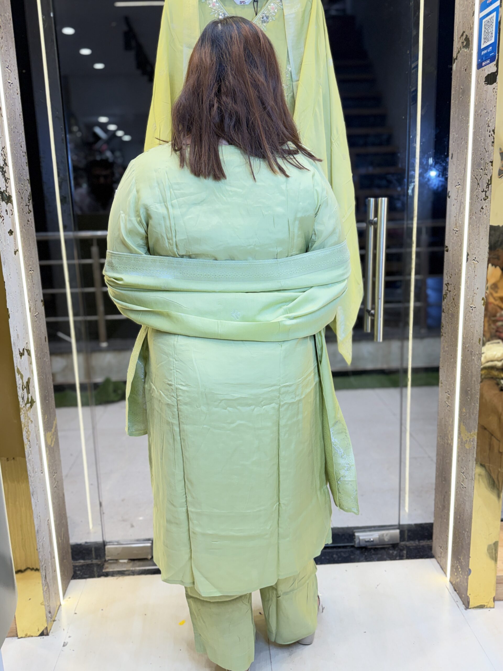 Pista Green Pure Crap Hand Work Kurti Set With Dupata Paints (28) - Image 2