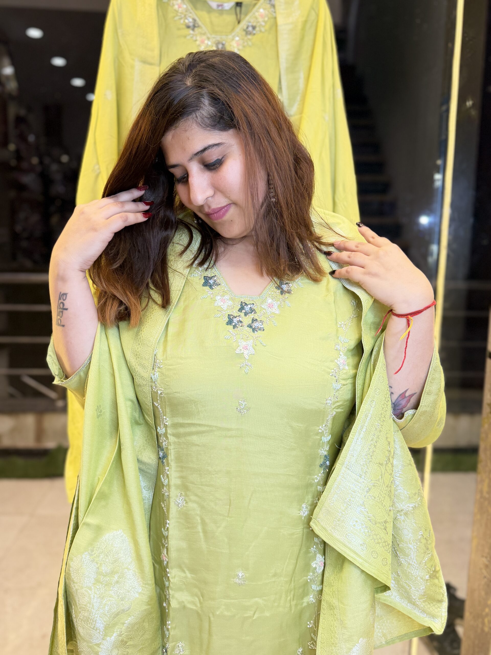 Pista Green Pure Crap Hand Work Kurti Set With Dupata Paints (28) - Image 3