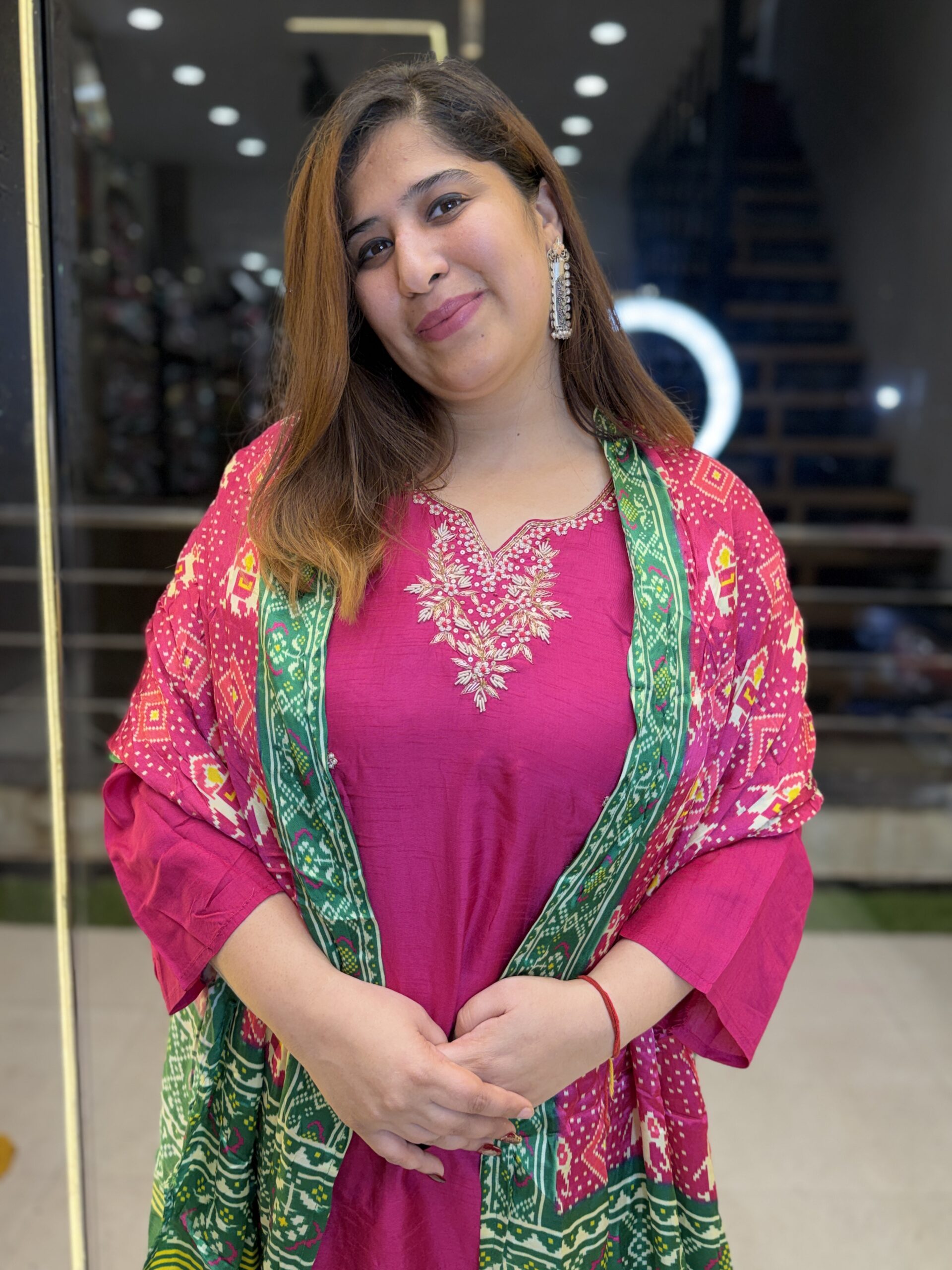 Rani Pink Pure Crap Hand Work Kurti Set With Dupata Paints (29) - Image 2