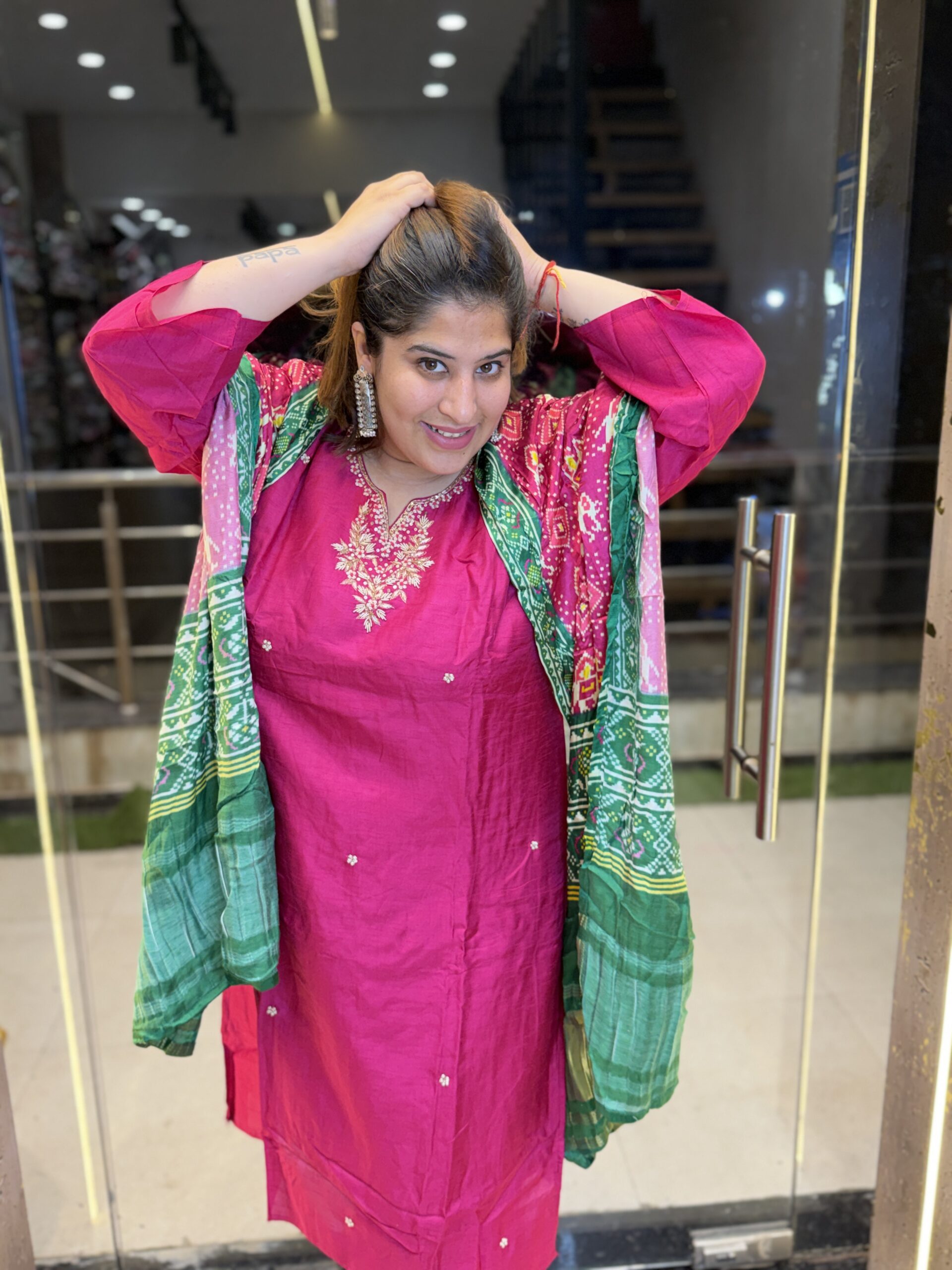 Rani Pink Pure Crap Hand Work Kurti Set With Dupata Paints (29) - Image 3