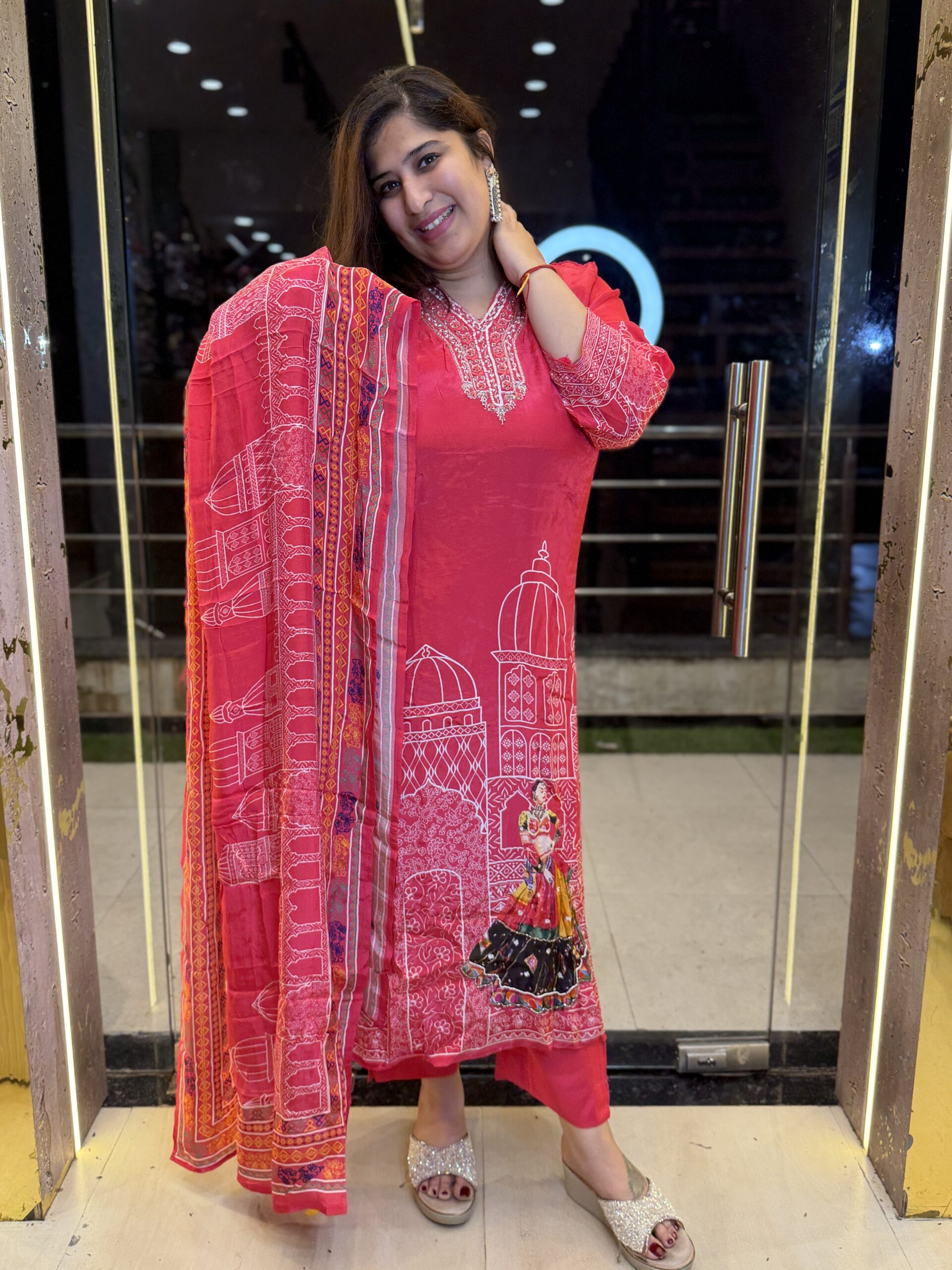 Pure Crap Traditional Print Piche Colour Hand Work Kurti Set With Dupata Paints (27)