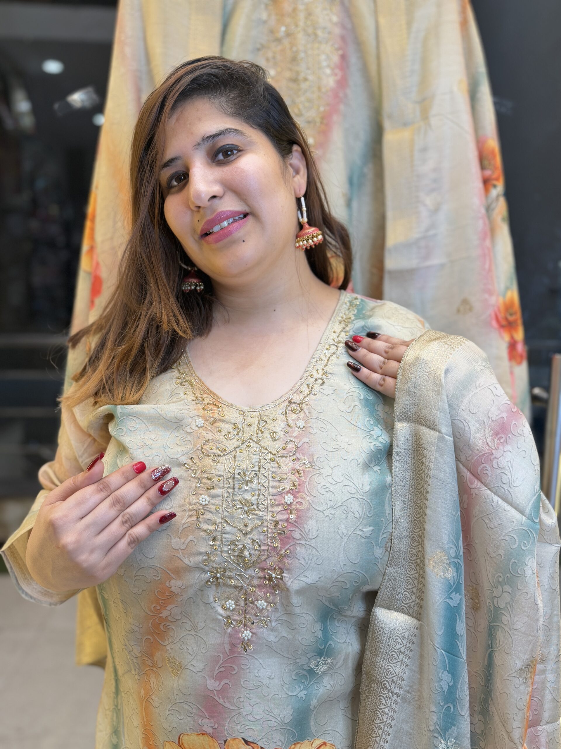 Beach Colour Pure Chinoon A-line Straight Suit With Hand Work With Flower Print (35)