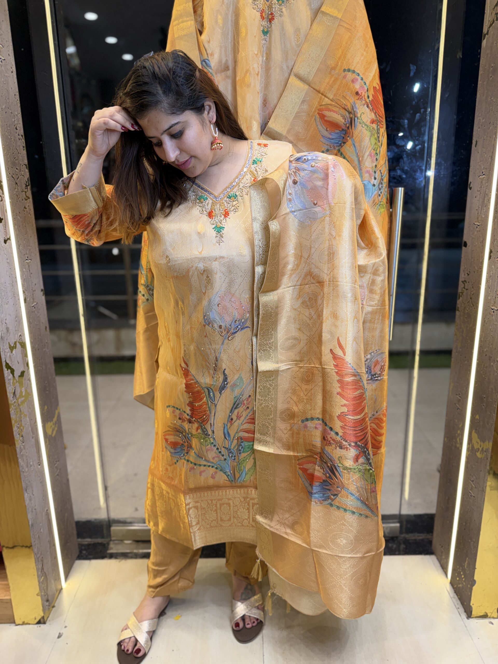 Beach Colour Pure Chinoon A-line Straight Suit With Hand Work With Flower Print (35)