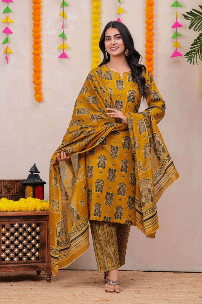 Pure Cotton Preamium Yellow Colour Kurti Paints Set 3Piece (59)