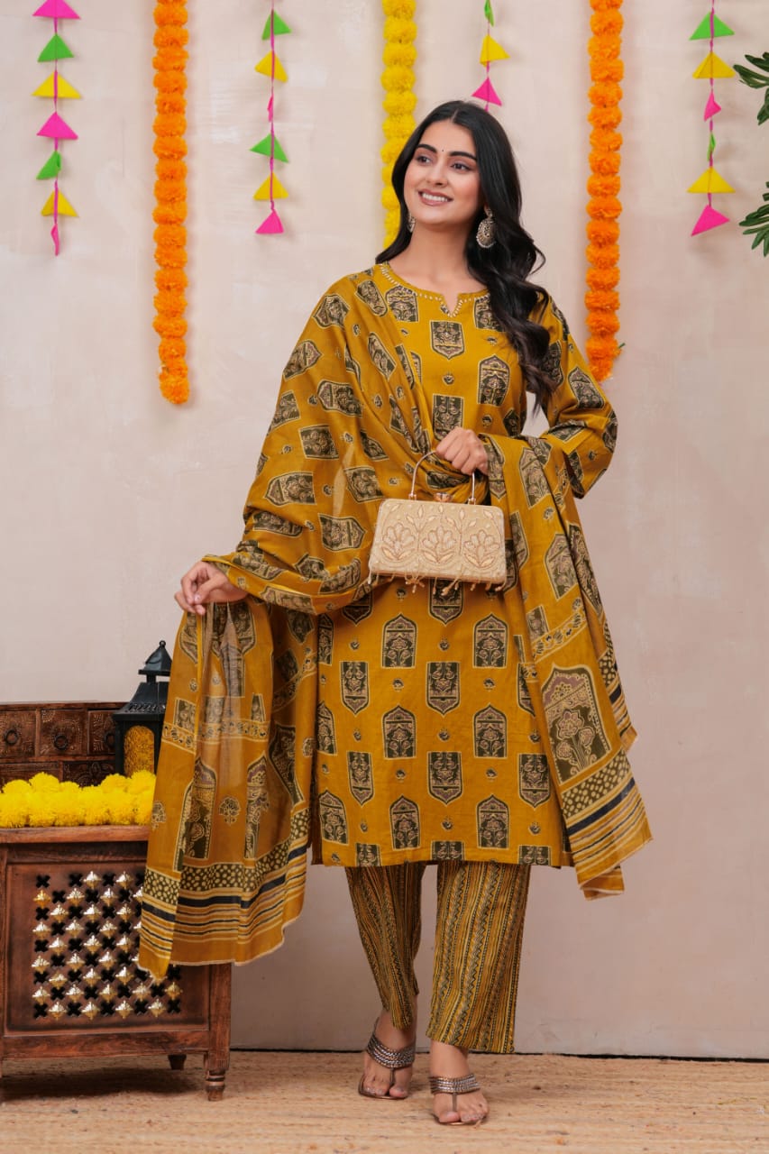 Pure Cotton Preamium Yellow Colour Kurti Paints Set 3Piece (59) - Image 3