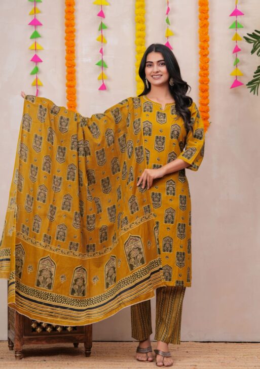 Pure Cotton Preamium Yellow Colour Kurti Paints Set 3Piece (59)