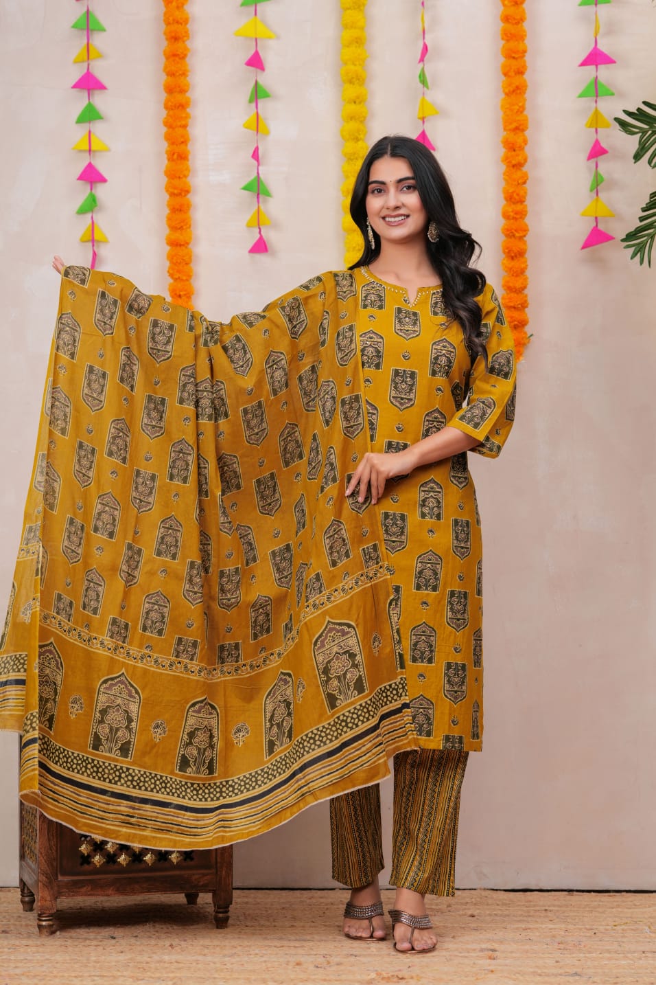 Pure Cotton Preamium Yellow Colour Kurti Paints Set 3Piece (59)