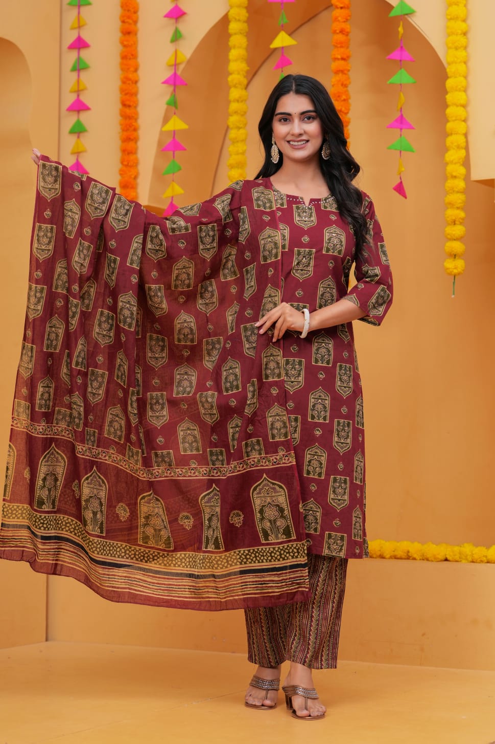 Pure Cotton Wine Colour Kurti Paints Set 3Piece (61)