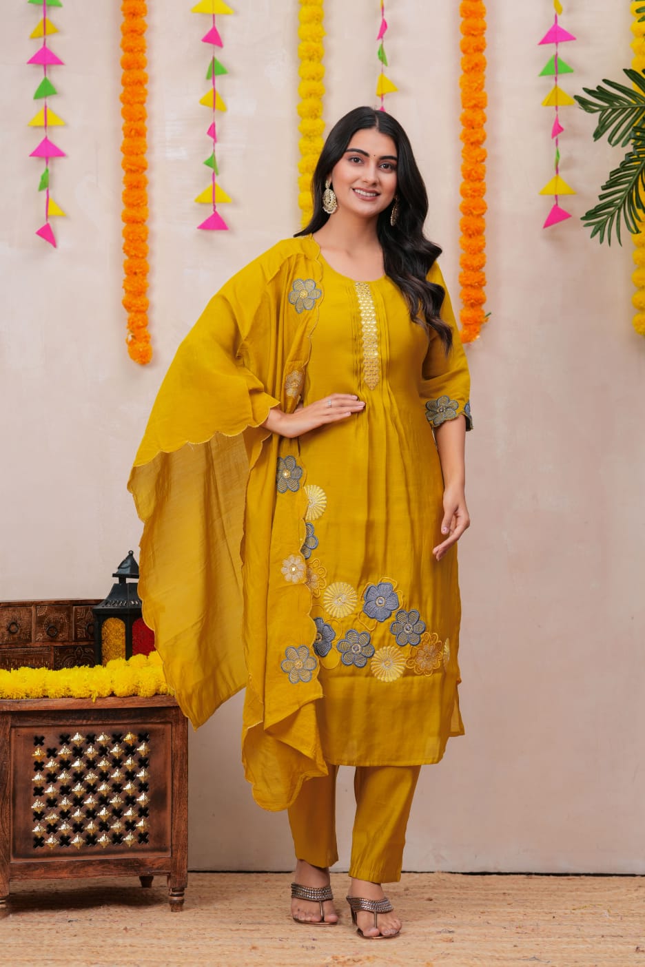 Pure Cotton Yellow Colour Kurti Paints Set 3Piece (62) - Image 4