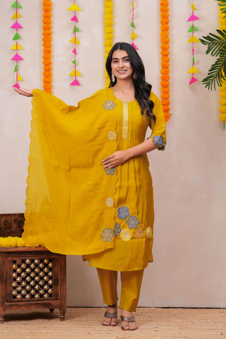 Pure Cotton Yellow Colour Kurti Paints Set 3Piece (62)