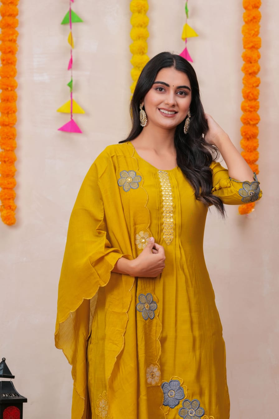 Pure Cotton Yellow Colour Kurti Paints Set 3Piece (62)